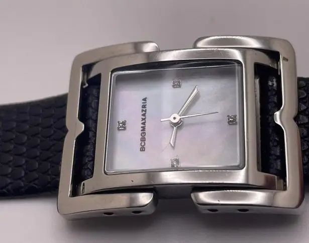 Working Women’s BCBG MAXAZRIA Black Leather Band Crystal Silver Tone Bezel Watch