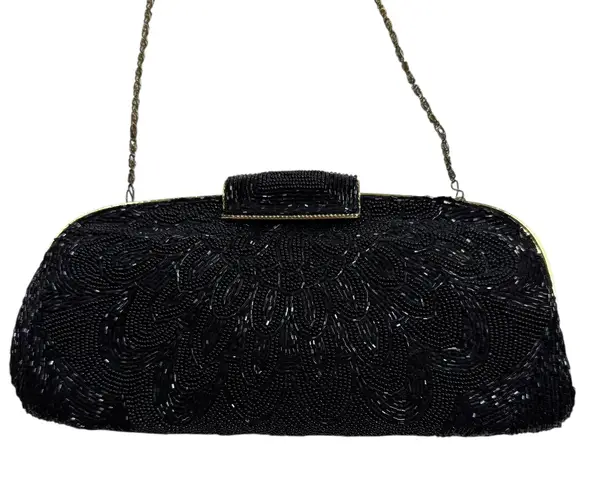 Vintage Black Beaded Clutch Evening Bag with Chain Strap