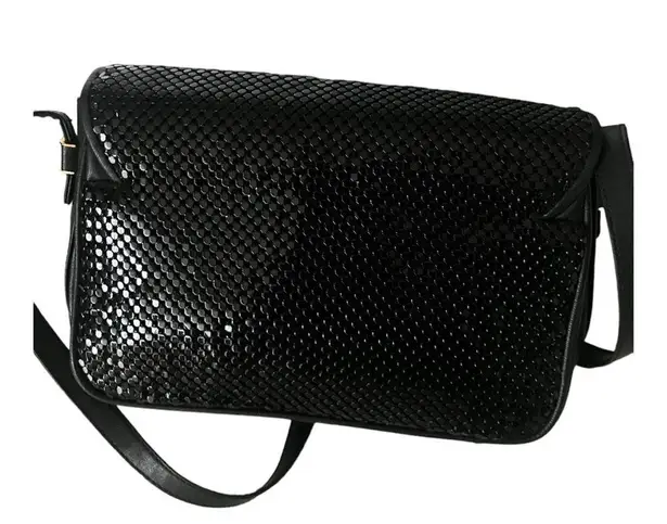 Whiting & Davis Black Leather Black Brass Circle Flat Mesh Crossbody Bag