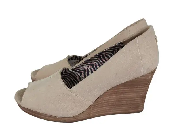 Toms  Michelle Tan Suede Peep Toe Stacked Heel Wedge Pumps Women's Size 12