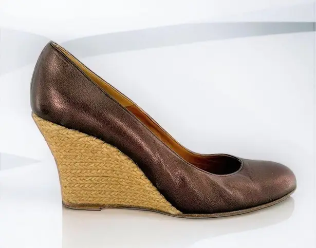 LANVIN Bronze Metallic Brown Leather Espadrille Wedge Heels Size 39