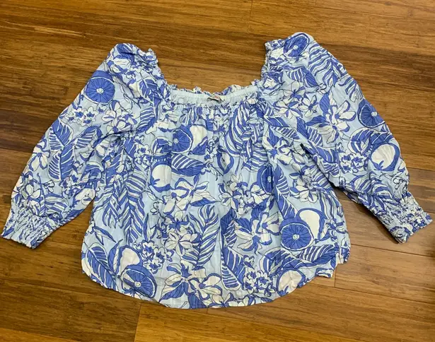 Vineyard Vines  Painted Palm Beach Ruffle Blouse Blue Floral Smocked Size Large - Image 1