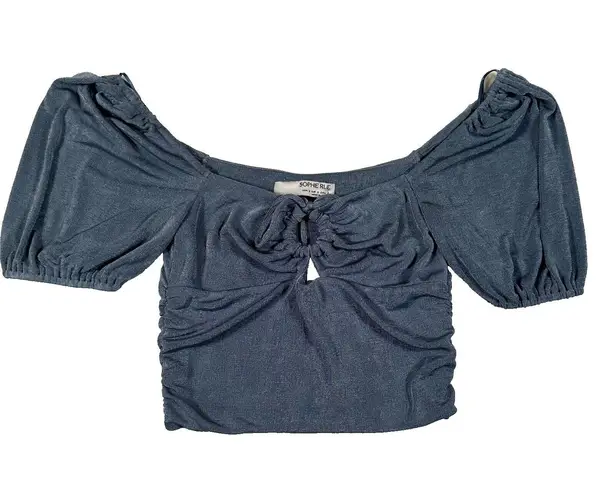 Sophie Rue  Off Shoulder Crop Top Size Small Blue Slinky Front Tie Puff Sleeves - Image 1