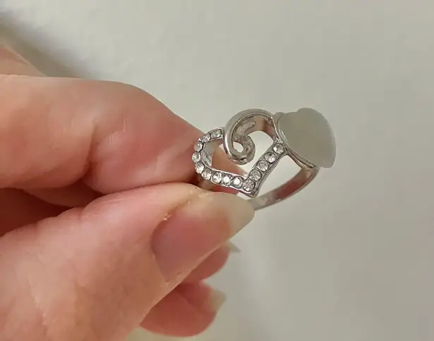 Boutique Double Heart Silver Rhinestone Moonstone Ring Iridescent Opaque Promise Girlhood Jewelry