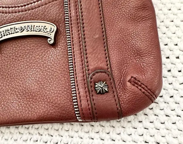 B Makowsky Cognac Tan Slim Small Crossbody Bag Silver Metal Banner Name Hardware