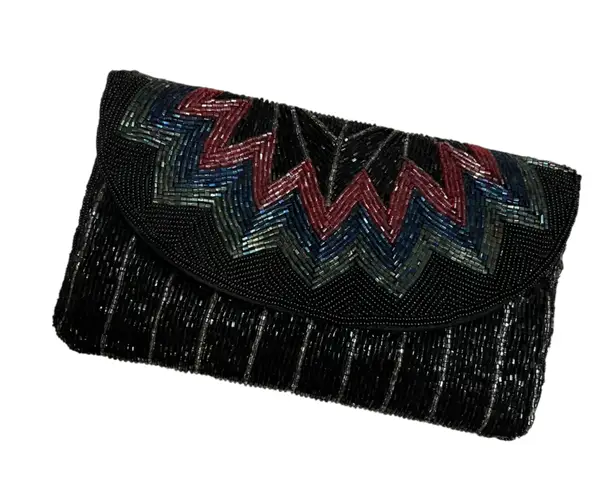 Vintage ADG Beaded Chevron Clutch – 80s/90s Rainbow Glam Black