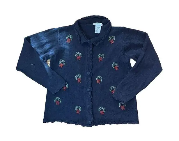 Victoria Jones Cardigan Sweater Black Green Christmas Wreath Embroidered Sz M