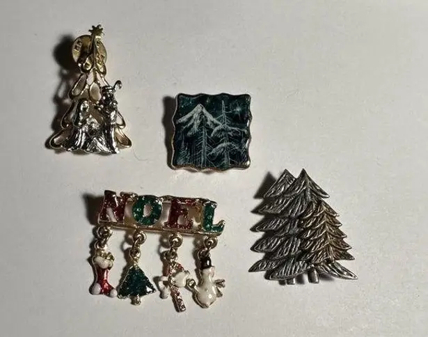 Lot Of 4 Christmas Holiday Brooch Pins Noel, Trees, Mountains, Jesus Nativity