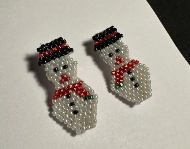 Hand Crafted Clip On Earrings Beaded Snowman Christmas Holiday Hand Made White