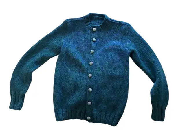 Handmade Vintage wool blend teal blue green handknit button up cardigan XS/S