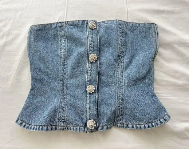 Ganni Rhinestone-Embellished Denim Bustier Blue Size 36 / US 4 Small