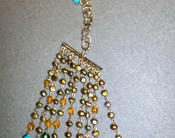 Multi Strand Beaded Necklace Gold Tone Metal, Turquoise, Green & Amber By Sequin Blue