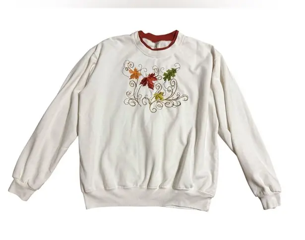 🍂 Cozy Fall Multicolor Leaf Embroidered Sweatshirt with Bead Embellishments 🍁 L White Size L