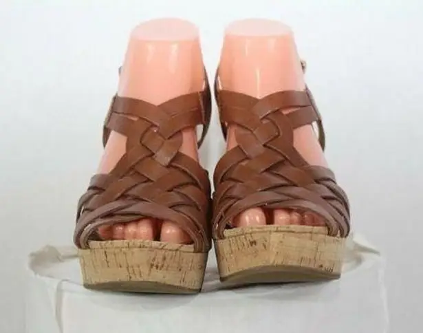 Guess Women’s  Brown Leather Strap Wedge Shoes Cork Heels Size 8M