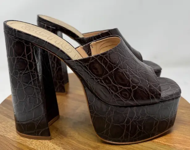 Schutz Brown Croc Embossed Platform Block Heel Mules Size 9.5B