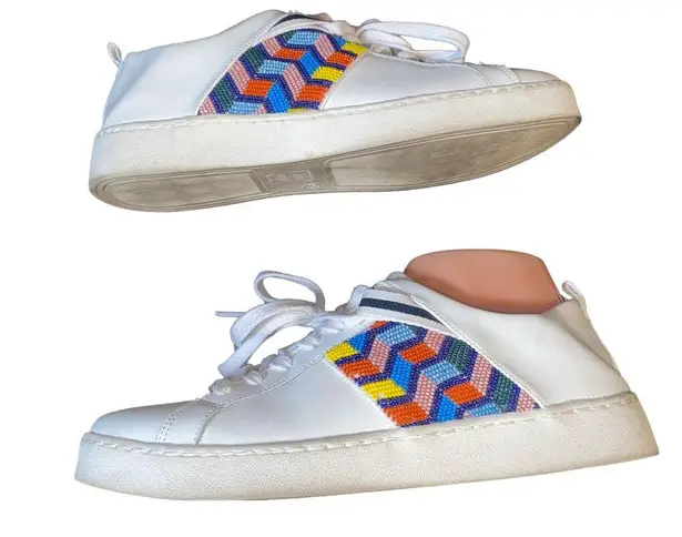 Jack Rogers  Ainley Chevron Beaded White Leather Lace-Up Sneakers Womens Size 9.5