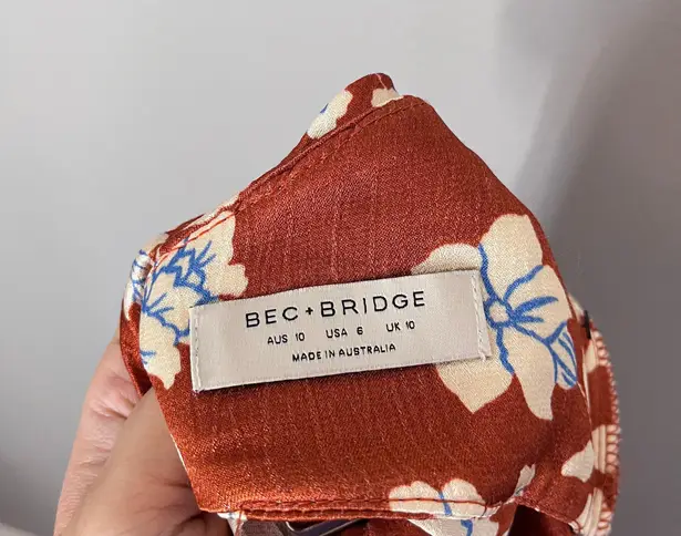 Bec & Bridge Blossom Strapless Satin Floral Cowl Back Maxi Dress Rust Red