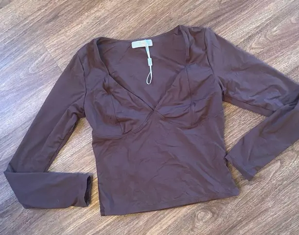 Qinsen Brown Fitted Crop Blouse Longsleeve size large