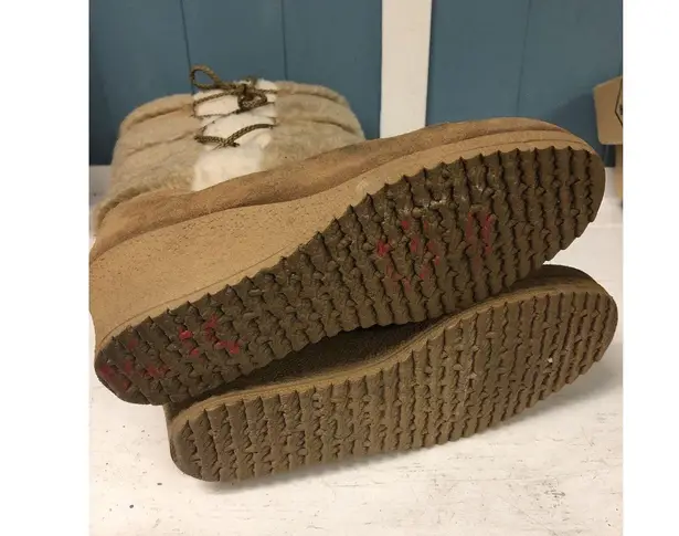 70's SNOWLAND Women's Beige Suede Leather TALL Boots Faux Fur Wedge Heel Sz 7