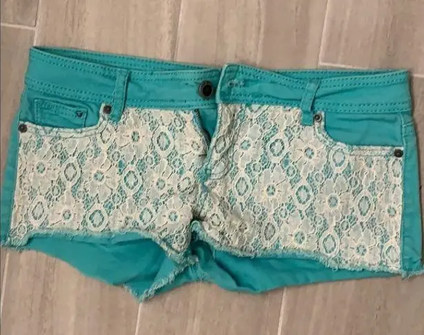 1st Kiss Turquoise Denim Shorts with Lace Overlay
