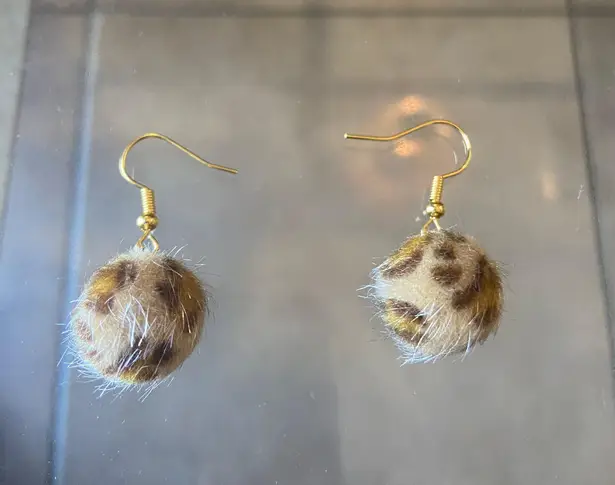 Handmade Cute faux fur Cheetah print Earrings , Brown And Gold drop dangle earrings