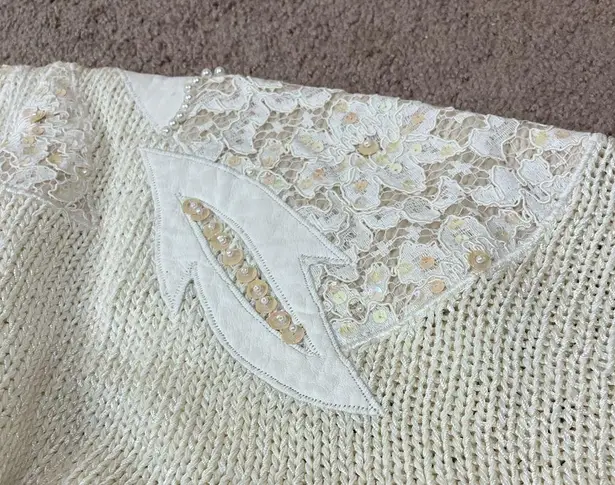 Nannell | Vintage Cream Hand Knit Blend Beaded Sequin Lace Sweater S