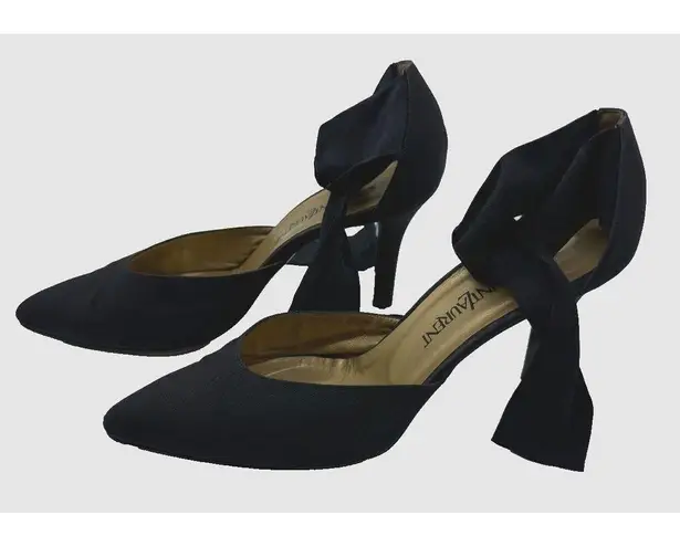 Saint Laurent VTG YSL Yves Heels Ankle Strap Bow Tie Matte Satin Sz 9.5 READ