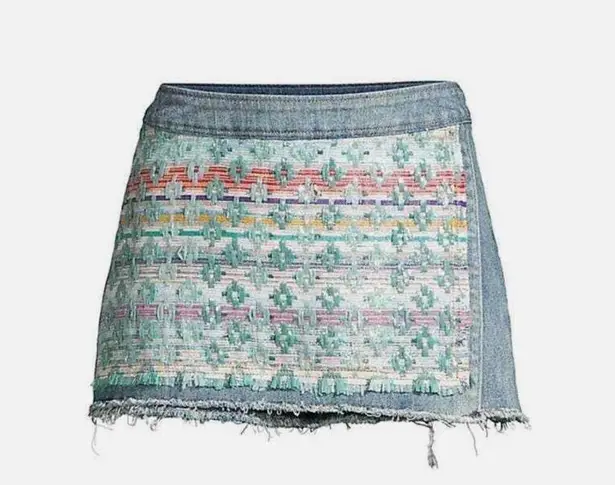 Ramy Brook Oliver Tweed Skort – Blue Aztec Western Design, Size 2, Raw Hem