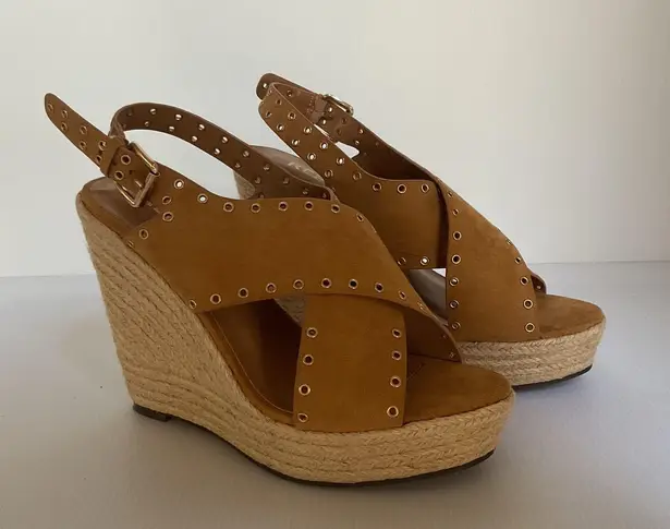 Report Wedge Sandals Caden Espadrille Studded Tan Platform Peep Toe Boxed Sz 7