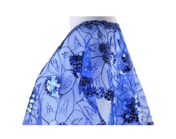 Cobalt Blue Mesh Caped Floral Print Top with Sequins And Beading