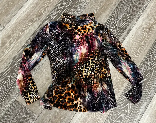 Christopher & Banks Sz M Velour Colorful Animal Print Faux Wrap Top