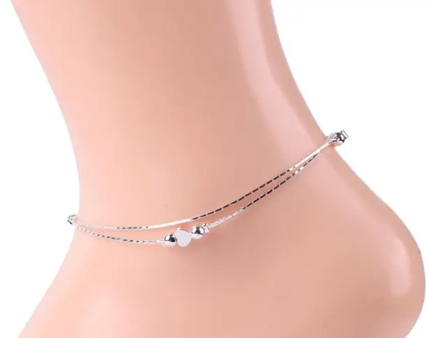 New Heart & Ball Double Anklet Silver Color 10”