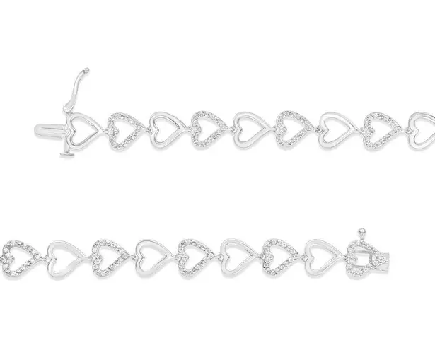 Brilliance Haus of  Sterling Silver Diamond Alternating Heart Link Bracelet NEW