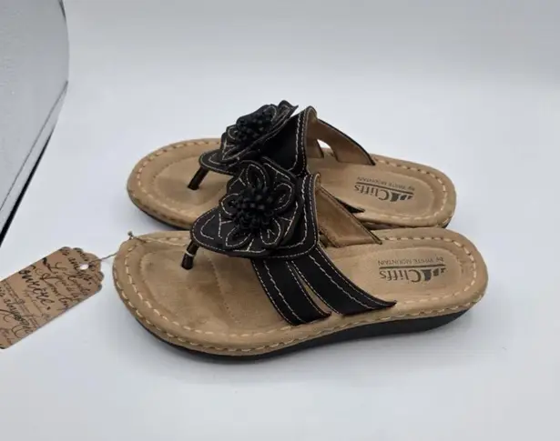 Cliffs White Mountain Black Leather Flower Sandals Women’s Sz 6