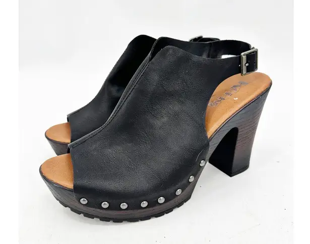 Korks Arden Platform Block Heel Slingback Peep Toe Studded Faux Leather Sandals Black Size 10