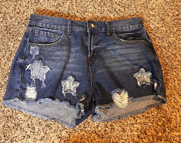 Others Follow Denim Shorts Star Distressed Frayed Hem Blue Medium