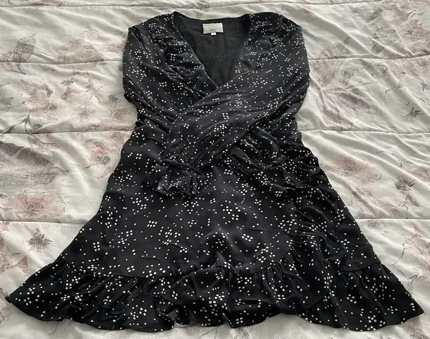 Privacy Please Revolve Wrap Black Polka Dot Ruffle Long Sleeve Mini Dress, size S