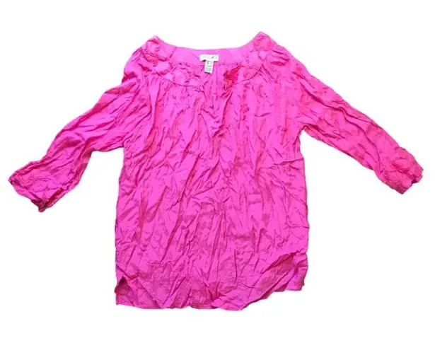 Caribbean Joe Women's Barbie Pink 100% Viscose 3/4 Sleeve Lightweight Blouse L