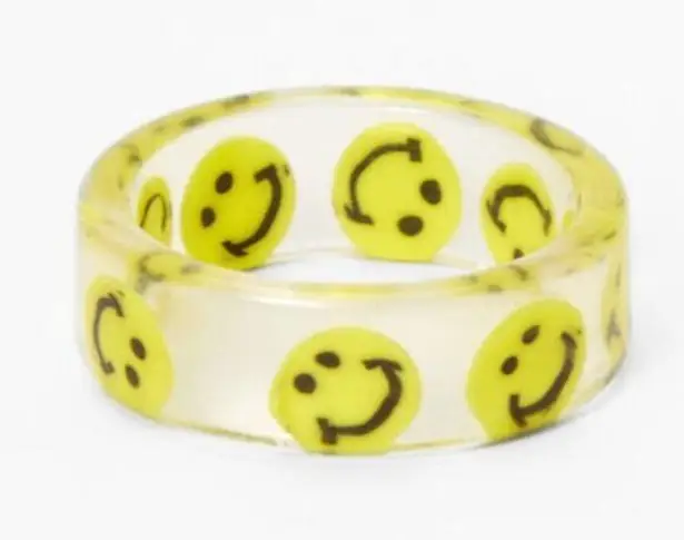 Icing Clear Yellow Happy Face Print Resin Ring Size 8