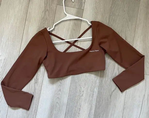Peachy Bunz Strappy Backless Cropped Long Sleeve Workout Top Brown (Large) gym