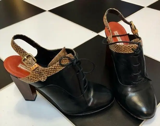 Dries Van Noten Vintage Oxford Sling Back Reptile Embossed Leather Wood Heel 7.5