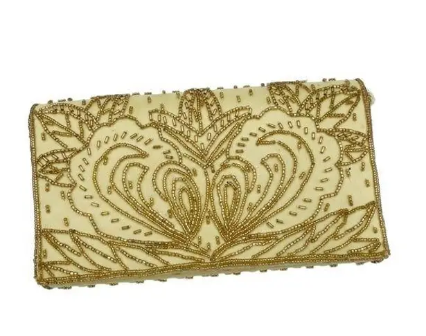 Vintage 80s 90s Gold Yellow Beaded Clutch Shoulder Bag Evening Glam Formal