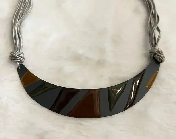 3 Vintage 90’s Necklaces: Black Glass Heart, Neutral Metal Plate, & Gray Walnut