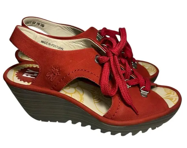 Fly London Women’s Size 39 8 Red Suede Lace Up Wedges Shoes