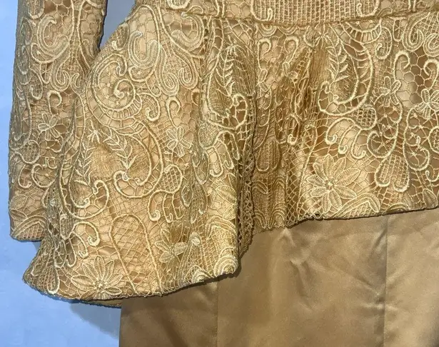 TS Couture Mustard Yellow Lace Long Sleeve Peplum Satin Mermaid Formal Gown NWT