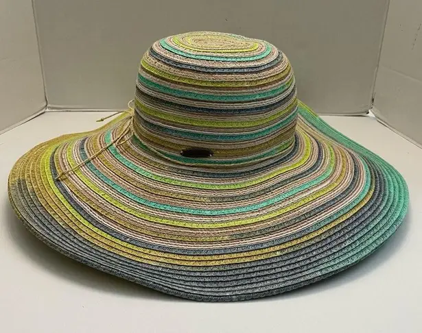 Panama Jack Hat Sun Straw Paper Wide Brim Beach Travel Striped Green Yellow Grey