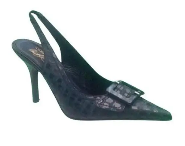 Donald Pliner Black Distress Metallic Kogi Gator Leather Slingback Shoe $395 NIB