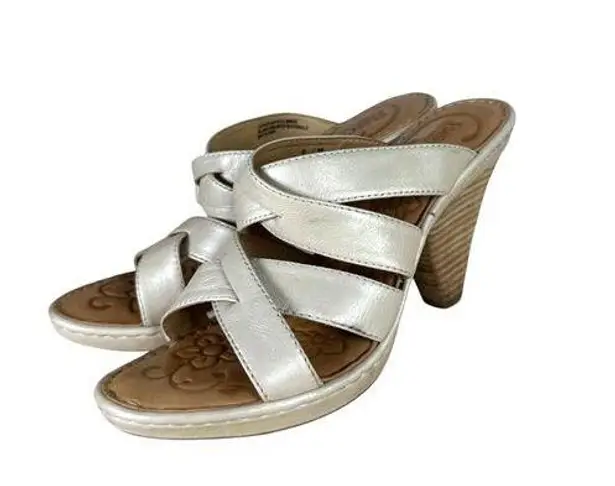 Born Cream Leather Strappy Wood Stacked Chunky Heel Sandals Heels Size 8