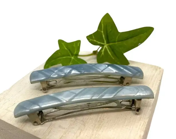 Vintage 1950s Lucite Plaid Hair Barrette Set Baby Blue