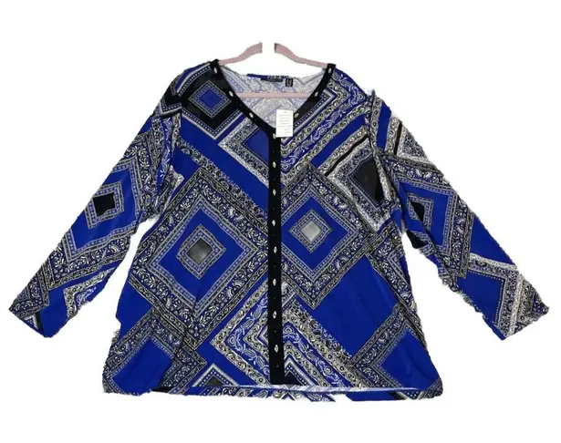 Susan Graver Artisan 2X Blue Geometric Liquid Knit Embellished Jeweled Top NEW